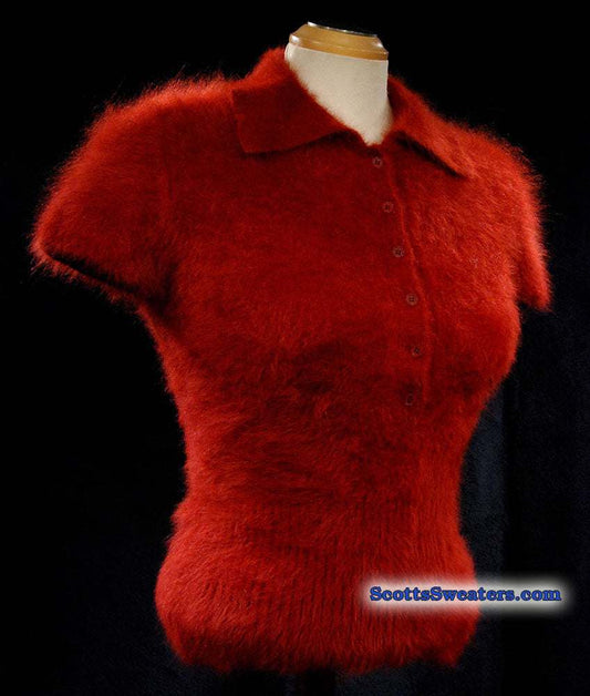 Woman's burgundy short-sleeved angora sweater with polo neck by J.Crew
