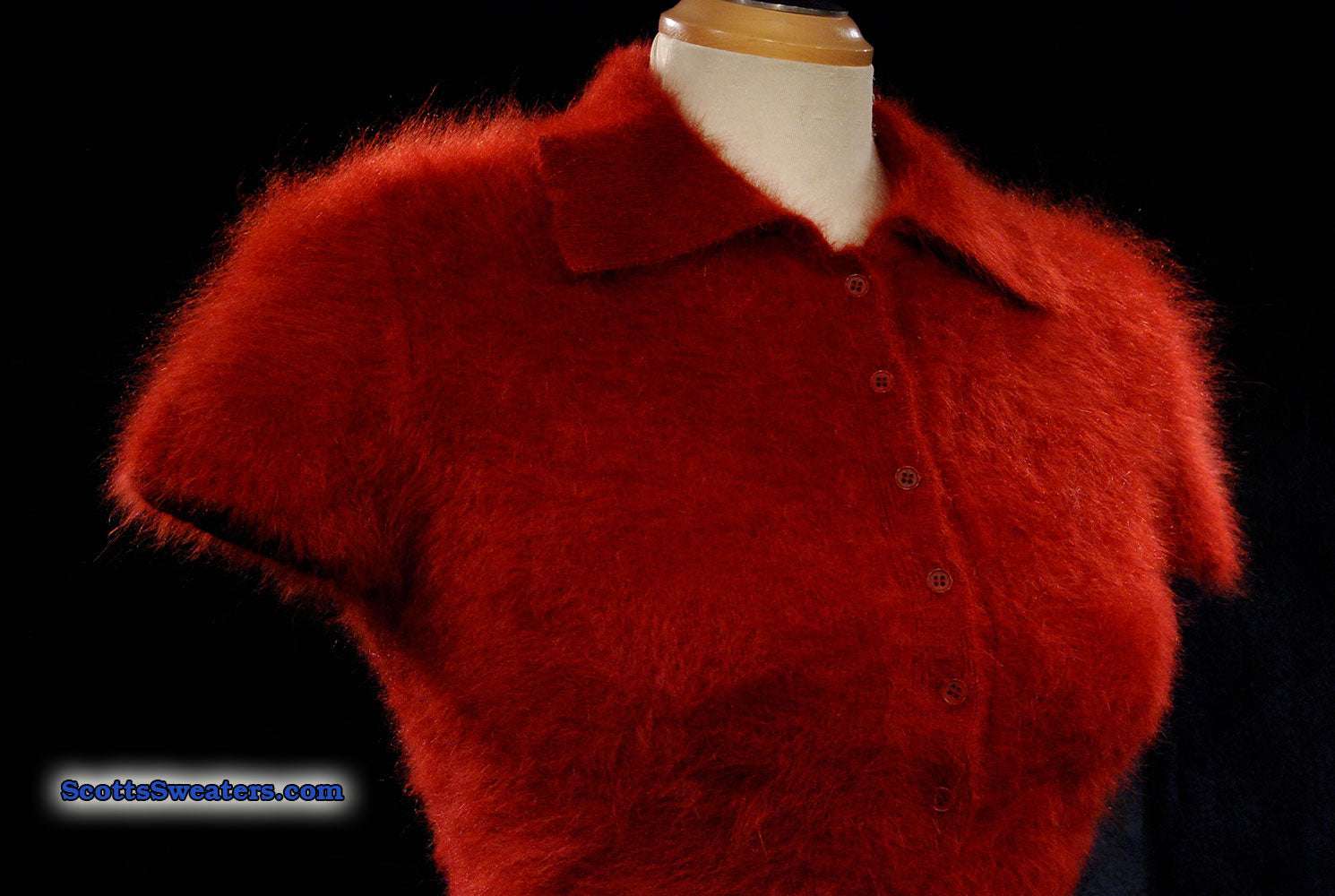 Woman's burgundy short-sleeved angora sweater by J.Crew with polo neck and button front