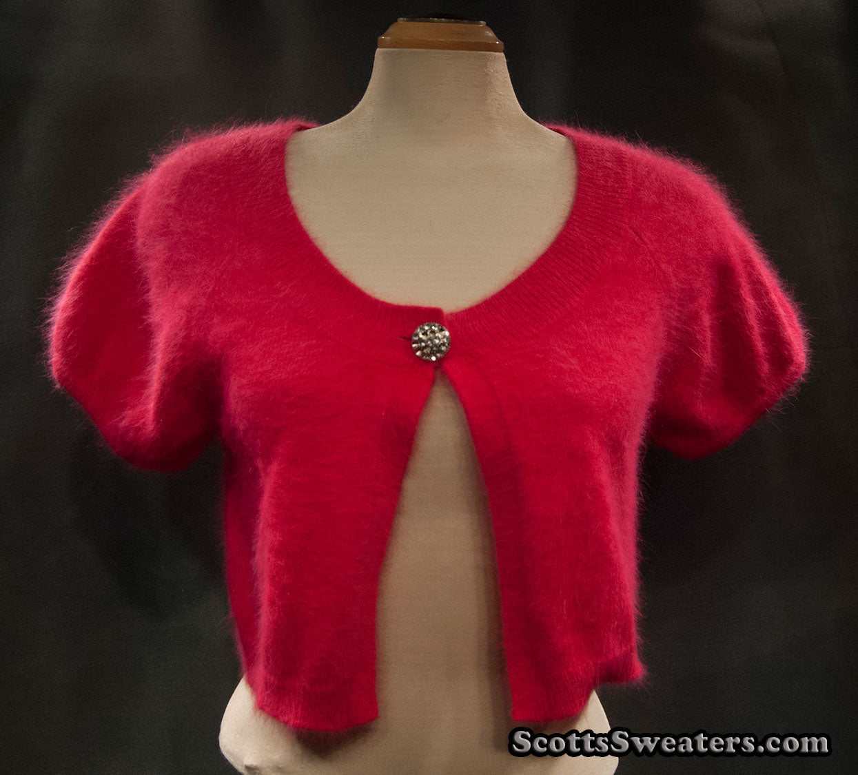 Woman's angora shrug cardigan sweater in red with jeweled rhinestone button by Express
