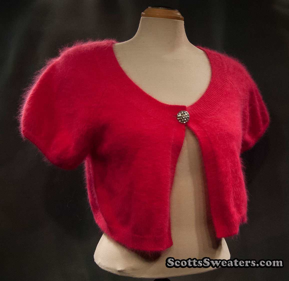 Woman's red angora shrug cardigan sweater with jeweled rhinestone button by Express