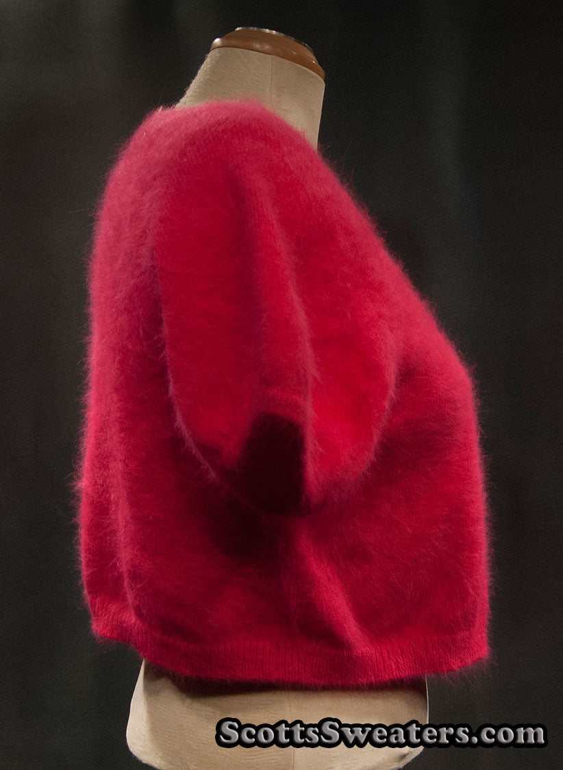 Red woman's angora shrug cardigan sweater by Express with jeweled rhinestone button.