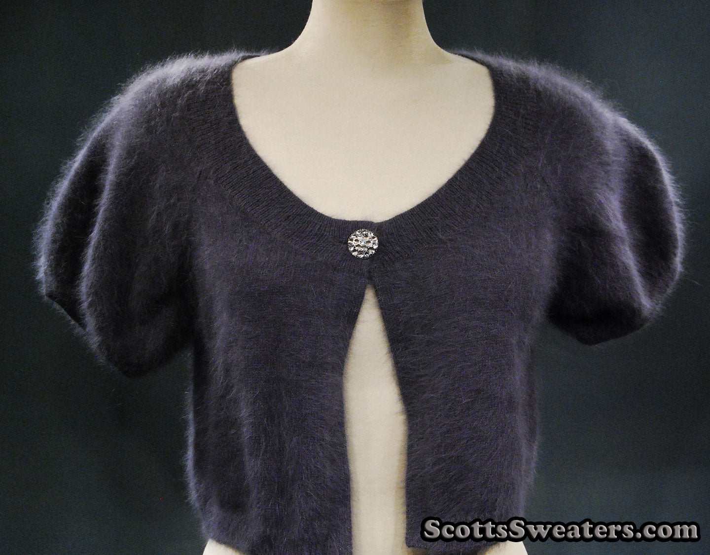 Woman's angora shrug cardigan sweater with jeweled rhinestone button by Express