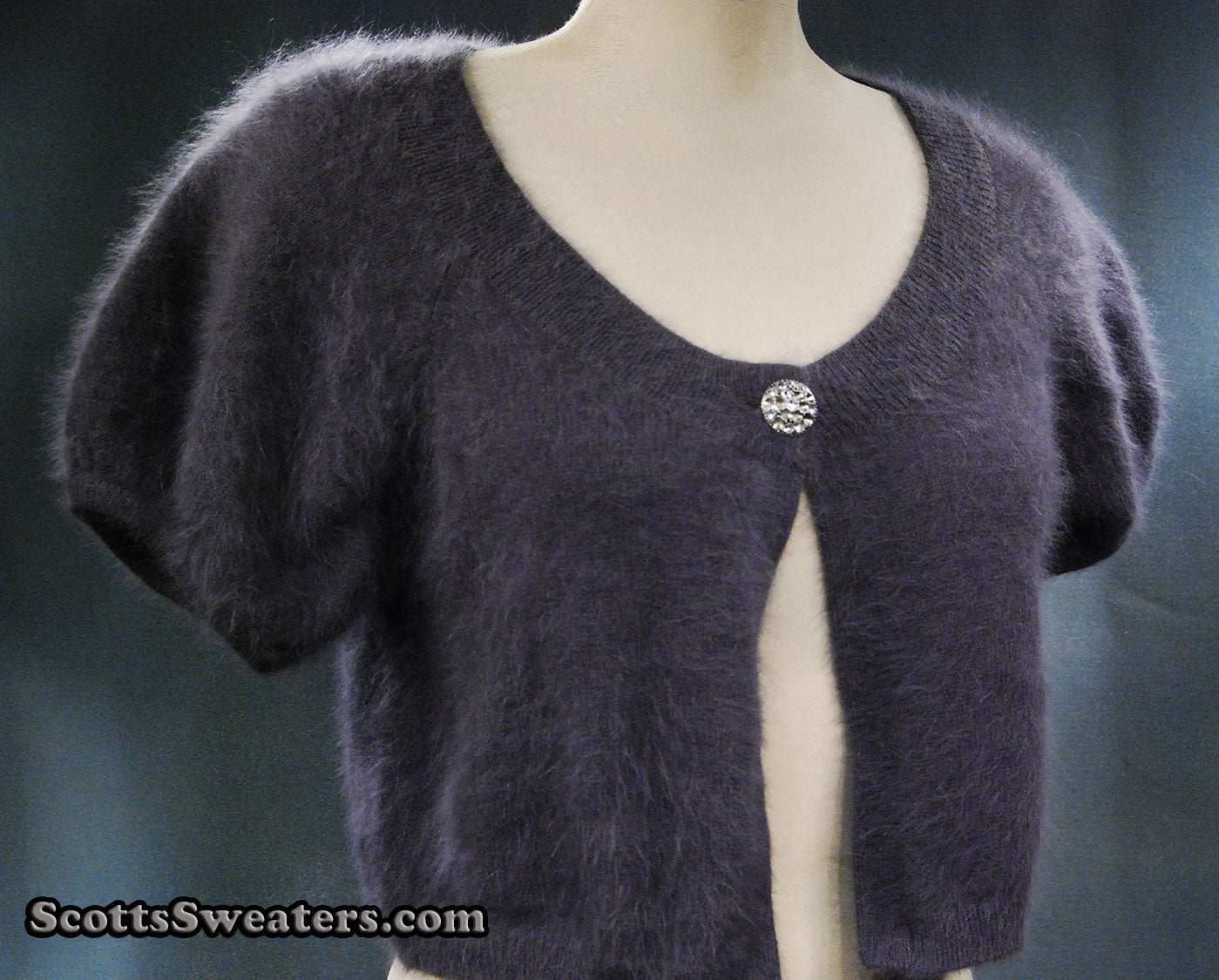 Woman's angora shrug cardigan sweater with jeweled rhinestone button by Express