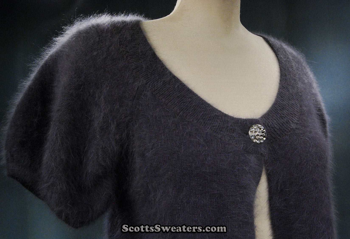 Woman's angora shrug cardigan sweater with jeweled rhinestone button by Express