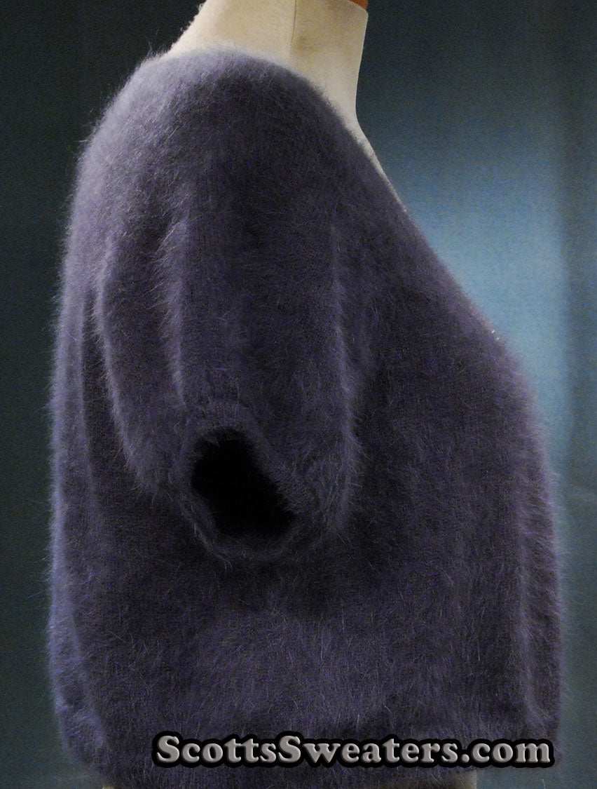 Woman's angora shrug cardigan sweater with jeweled rhinestone button by Express in dark purple