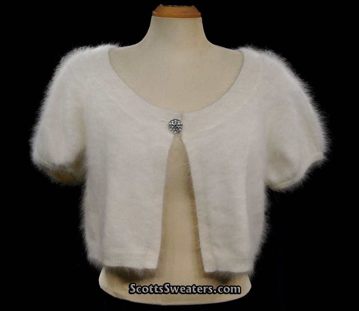 Woman's angora shrug cardigan sweater with jeweled rhinestone button by Express