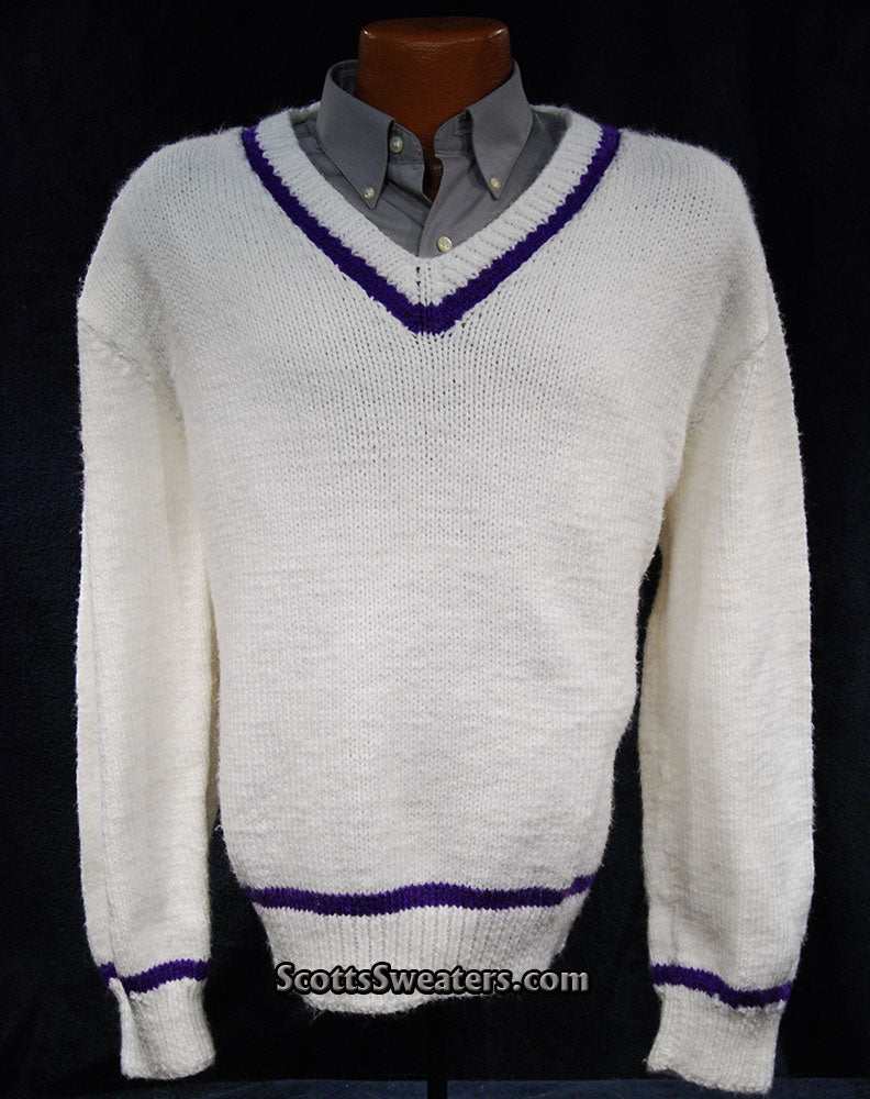 Men's white hand-knit V-neck tennis sweater with purple stripes on neck, waist, and cuffs in size 2XL