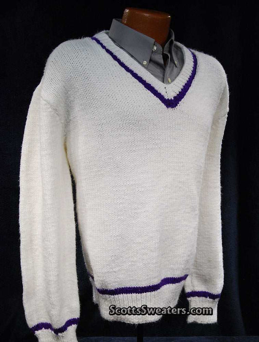 Men's white hand-knit V-neck tennis sweater with purple stripes on neck, waist, and cuffs in size 2XL