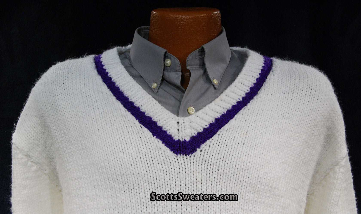 Men's white hand-knit V-neck tennis sweater with purple stripe on neck, waist, and cuffs, size 2XL