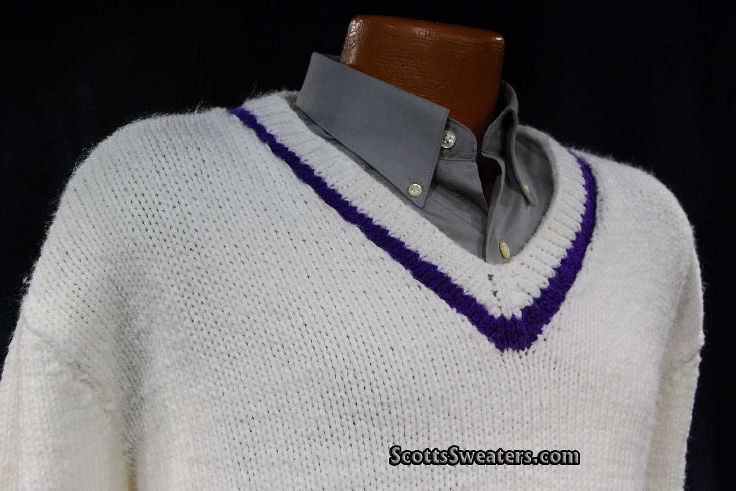 Men's white hand-knit V-neck tennis sweater with purple stripe on neck, waist, and cuffs,size 2XL
