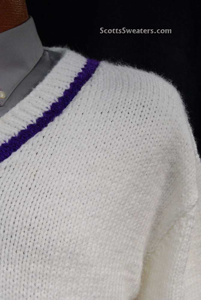 Men's white hand-knit V-neck tennis sweater with purple stripes on neck, waist, and cuffs, size 2XL