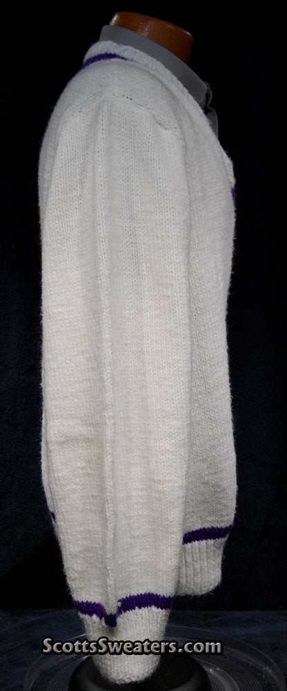 Men's white hand-knit V-neck tennis sweater with purple stripes on neck, waist, and cuffs in size 2XL