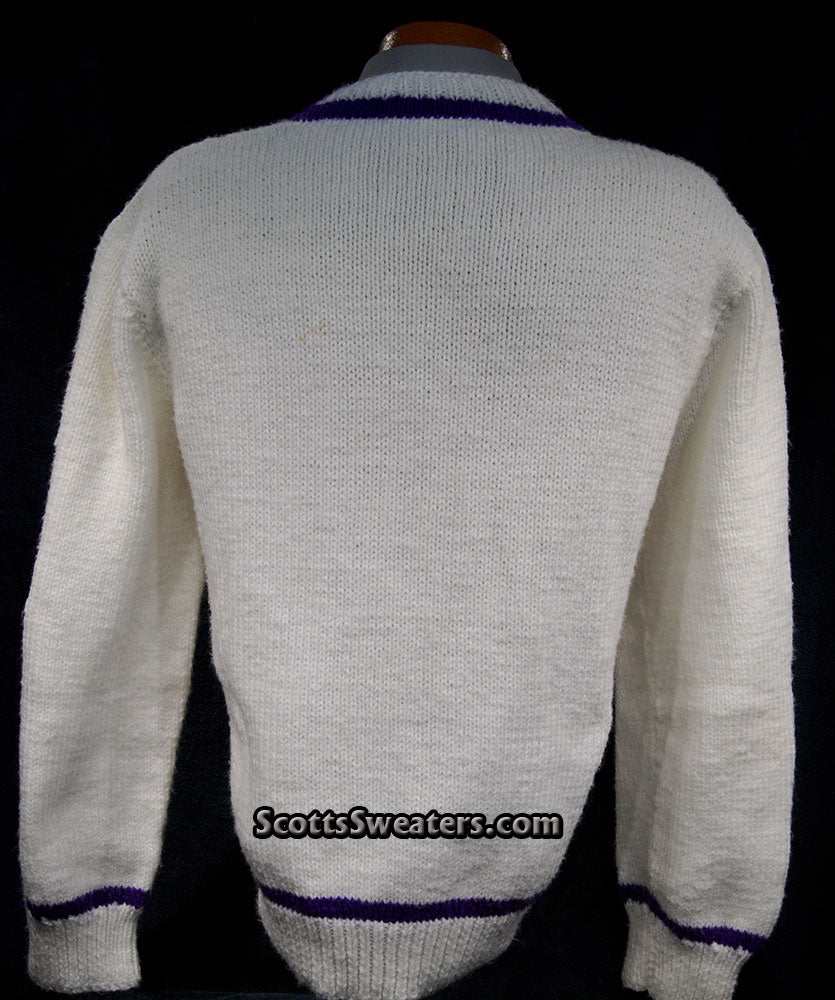Men's white hand-knit V-neck tennis sweater with purple stripes on neck, waist, and cuffs in size 2XL