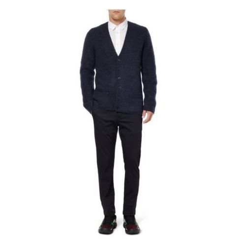 Men's navy blue cardigan mohair sweater with front pockets by Sibling London