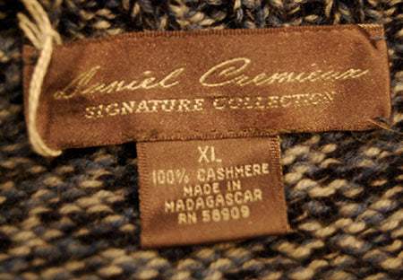 Daniel Cremieux men's cashmere V-neck sweater label in blue, black, and white tweed knit, size XL, made in Madagascar