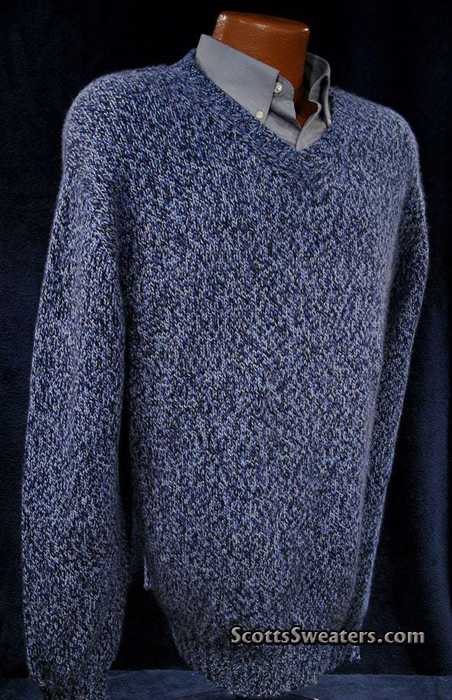 Men's blue and black tweed knit cashmere V-neck sweater in XL/XXL size