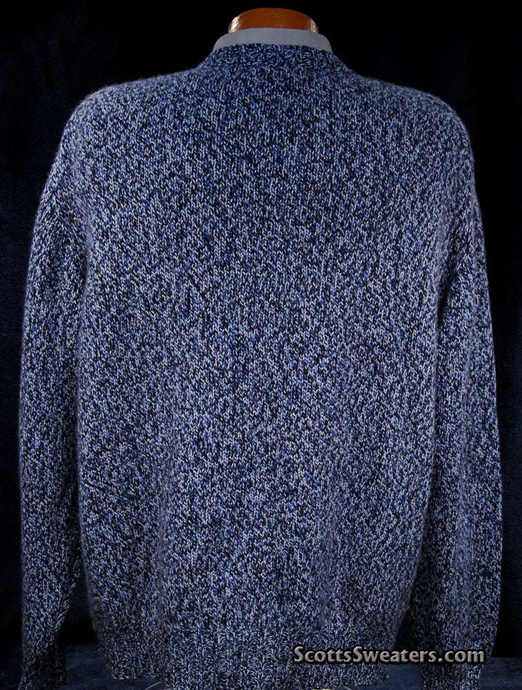 Blue and black tweed knit men's cashmere V-neck sweater by Daniel Cremieux, shown from the back