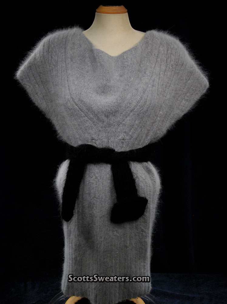 Light grey angora sweaterdress with cowlneck by Willi Smith, size large, without belt.