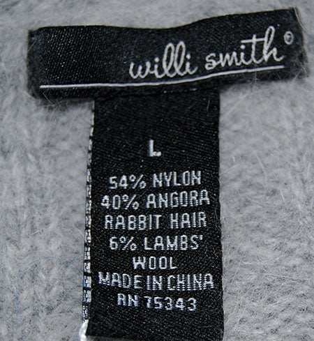 Willi Smith label on grey angora sweaterdress made of nylon, angora rabbit hair, and lambs wool, size large