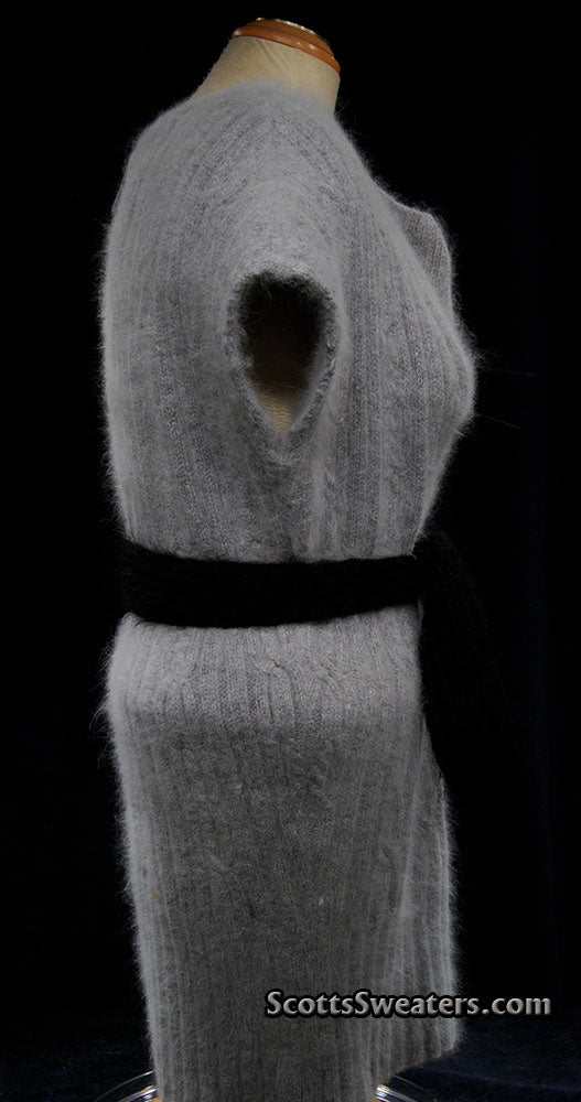 Light grey angora sweaterdress by Willi Smith with cowlneck and large size shown on mannequin