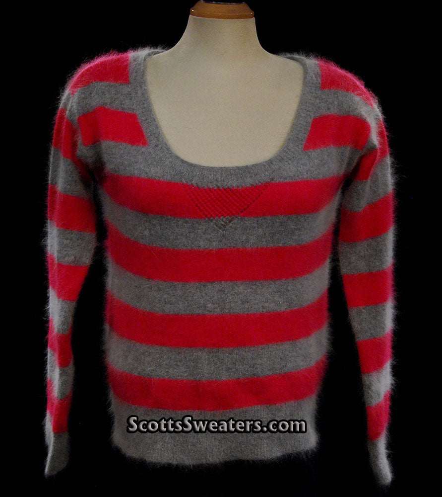 Woman's pink and grey striped angora pullover sweater by MODA International in small-medium size