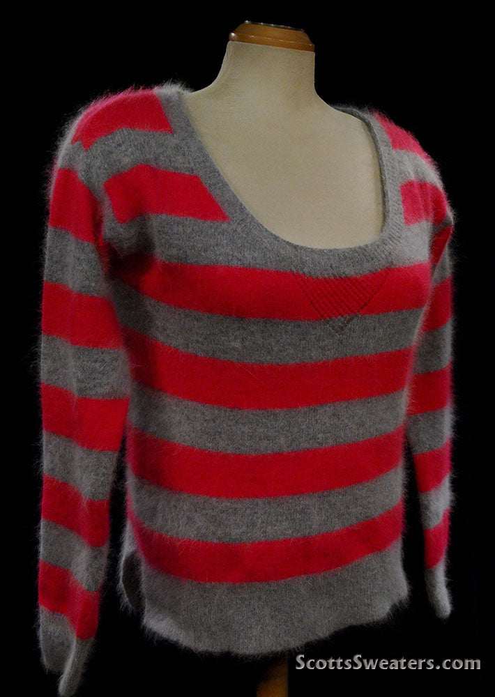Woman's pink and grey striped angora cardigan sweater by MODA International displayed on mannequin