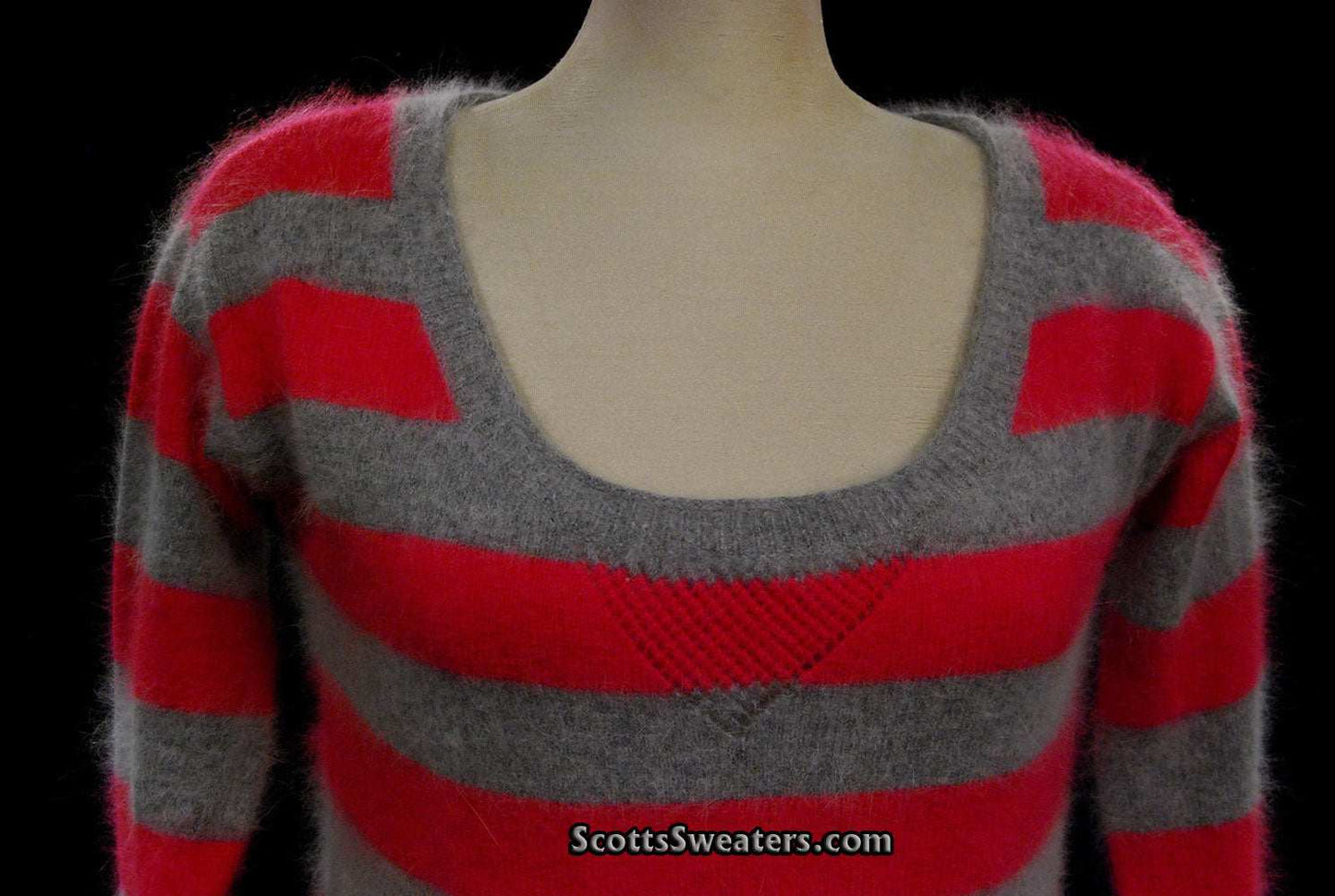 Woman's pink and grey striped angora cardigan sweater by MODA International in small-medium size