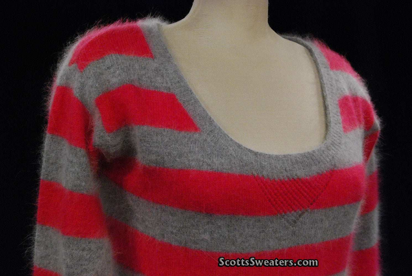 Woman's pink and grey striped angora cardigan sweater by MODA International in small-medium size
