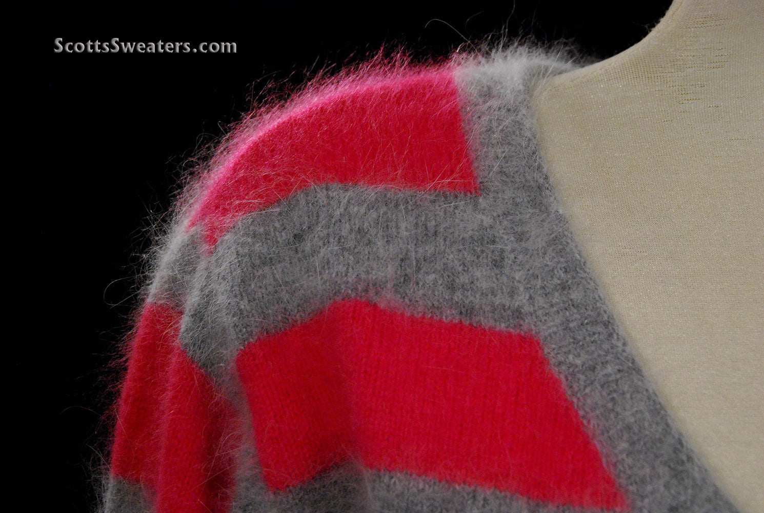 Woman's pink and grey striped angora cardigan sweater by MODA International in small-medium size