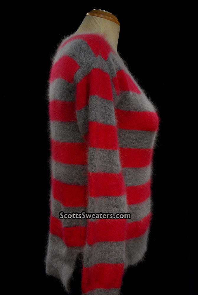 Woman's pink and grey striped angora cardigan sweater by MODA International in small-medium size displayed on mannequin