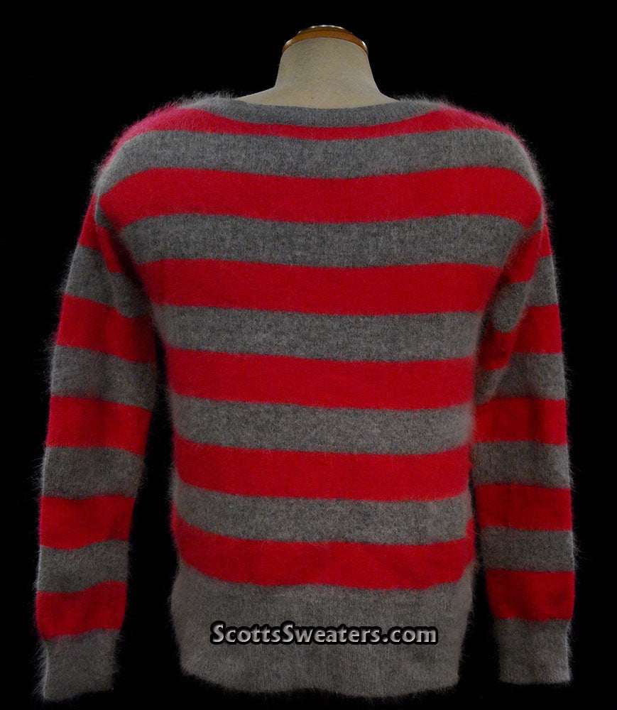 Woman's pink and grey striped angora cardigan sweater by MODA International displayed on mannequin back view