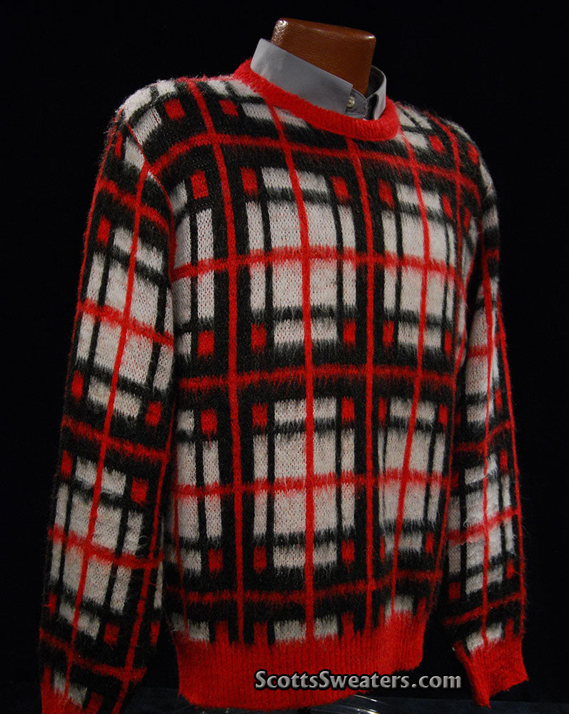 Retro Shaggy Plaid Mohair Crewneck Sweater by Towncraft (Sears)