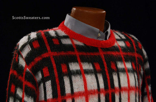 White red black retro shaggy plaid mohair crewneck sweater by Towncraft medium-large