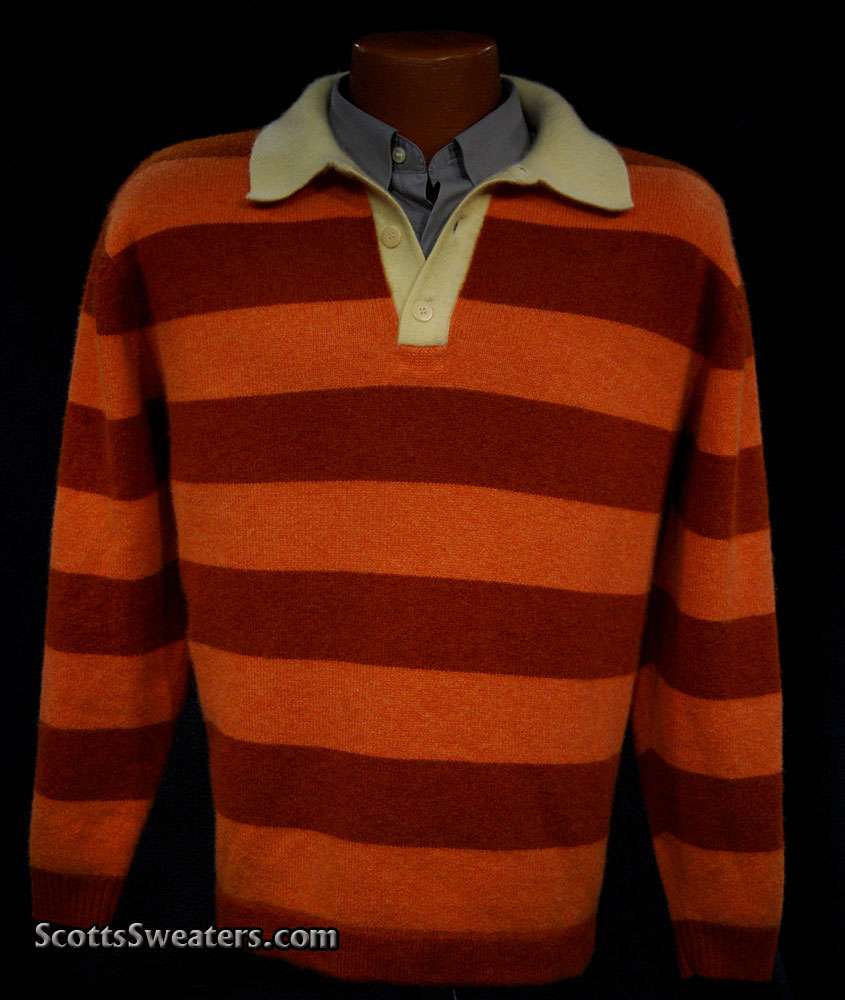 Men's orange two-tone horizontal striped cashmere polo-neck sweater with yellow collar, size XL