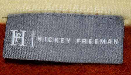 Hickey Freeman label on orange and yellow two-tone striped men's cashmere polo-neck sweater, size X-Large
