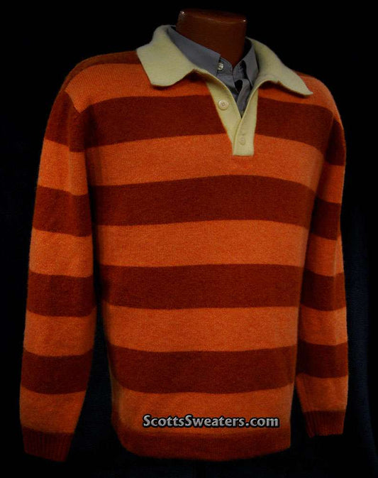 Men's orange and brown two-tone horizontal striped cashmere polo-neck sweater with yellow collar by Hickey Freeman