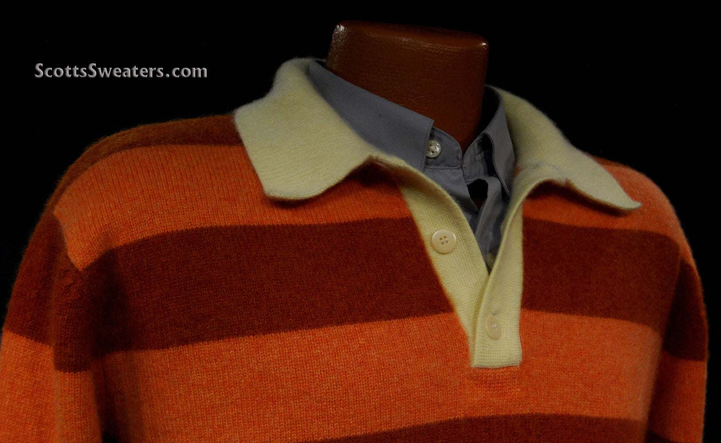 Men's orange two-tone striped cashmere polo-neck sweater in size X-Large with yellow collar