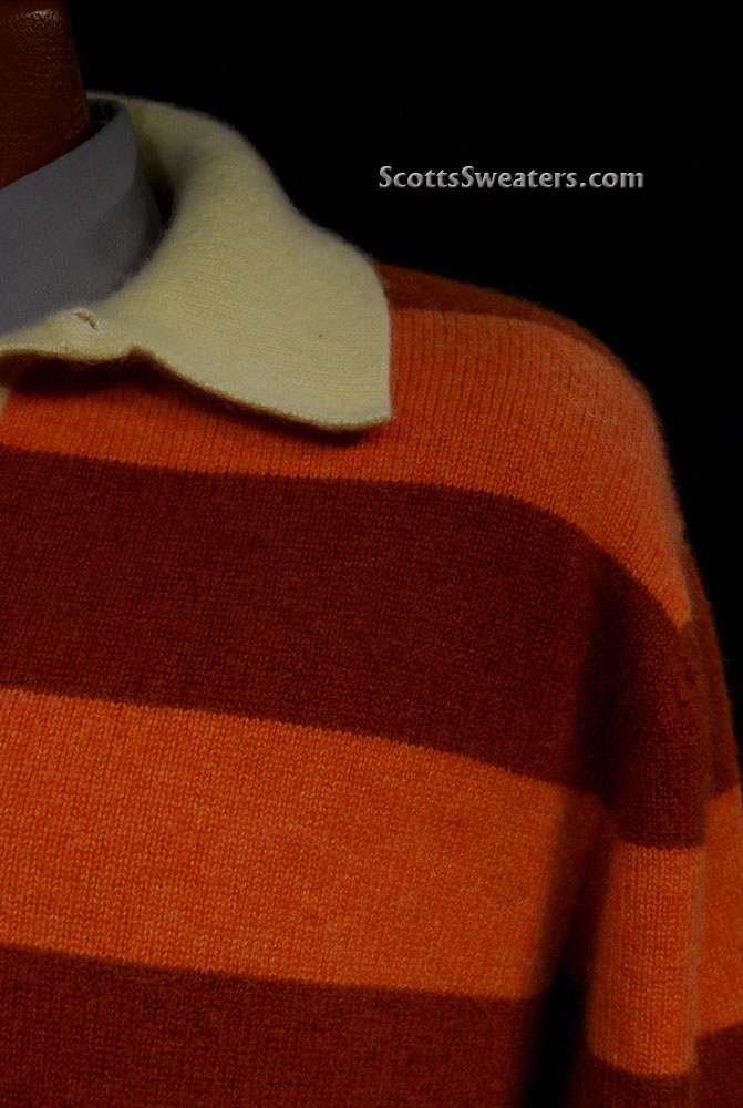 Men's cashmere sweater with orange and brown two-tone horizontal stripes and yellow polo-neck collar