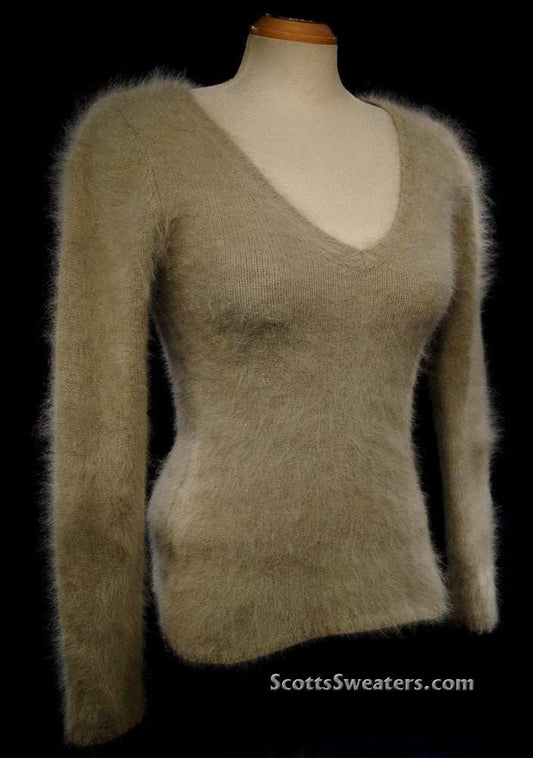 Woman's angora scoop neck sweater in muted tan cling-fit design