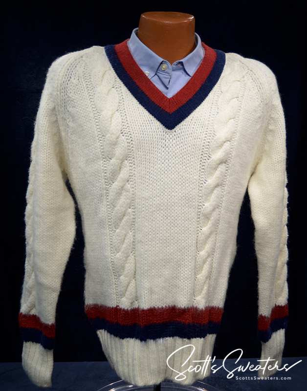 Original Retro Classic Tennis Sweater white V-neck pullover with burgundy and navy striped trim and cable knit design