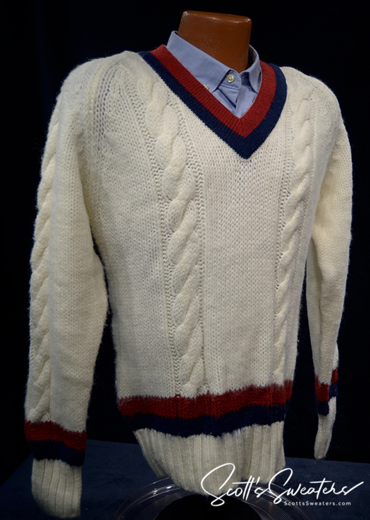 Original Retro Classic Tennis Sweater white cable knit V-neck pullover with burgundy and navy striped trim