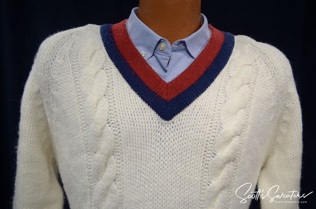 Original white retro classic V-neck tennis sweater with burgundy and navy striped trim and cable knit design
