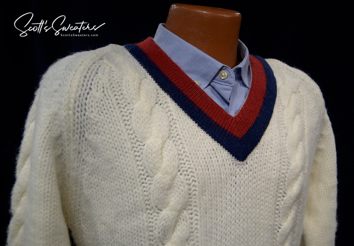 Original retro classic white V-neck tennis sweater with burgundy and navy striped trim and cable knit design