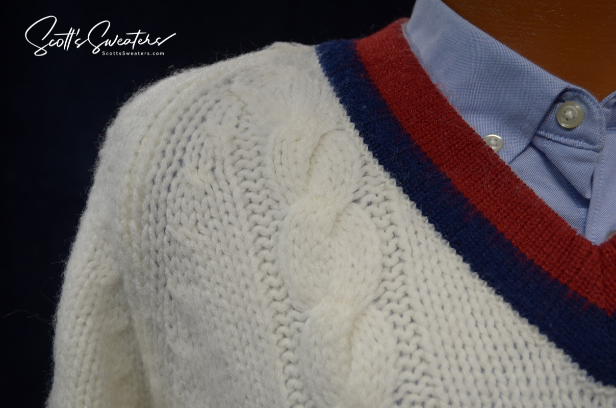 Original Retro Classic Tennis Sweater white V-neck pullover with burgundy and navy striped trim and cable knit pattern