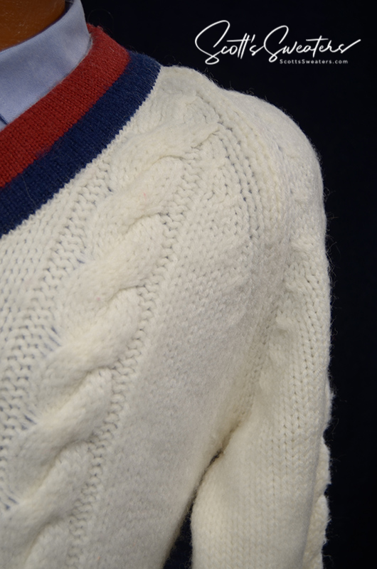 Original Retro Classic Tennis Sweater white acrylic V-neck pullover with burgundy and navy striped trim and cable knit detailing