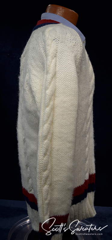Original Retro Classic Tennis Sweater white acrylic V-neck pullover with burgundy and navy striped trim