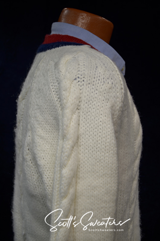 Original Retro Classic Tennis Sweater white V-neck pullover with burgundy and navy striped trim on neck, cuffs, and waist