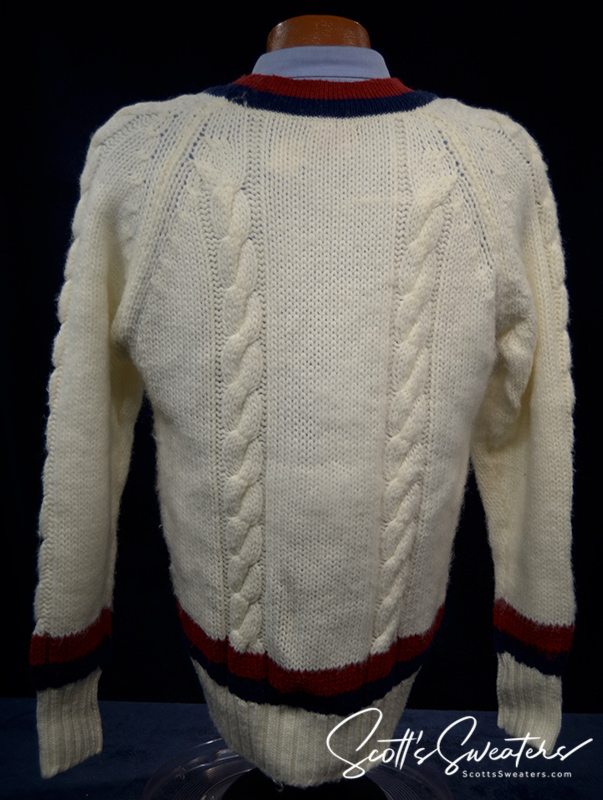 Original retro classic tennis sweater in white acrylic with burgundy and navy striped trim and cable knit design.