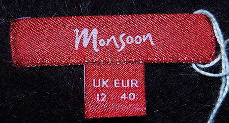 Woman's luxurious brown angora shawl-collar sweater with buttons and narrow waist belt by Monsoon, UK size 12 EUR 40