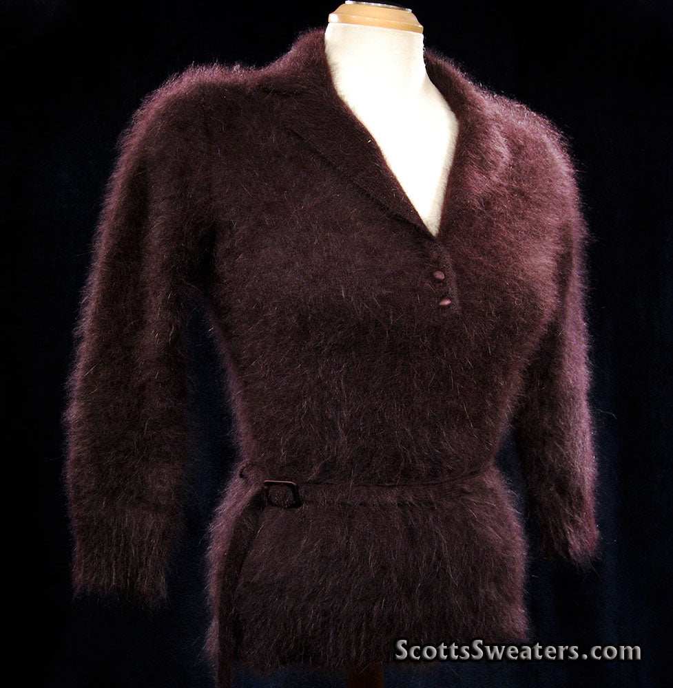 Woman's luxurious brown angora shawl-collar collar sweater with buttons and narrow waist belt by Monsoon
